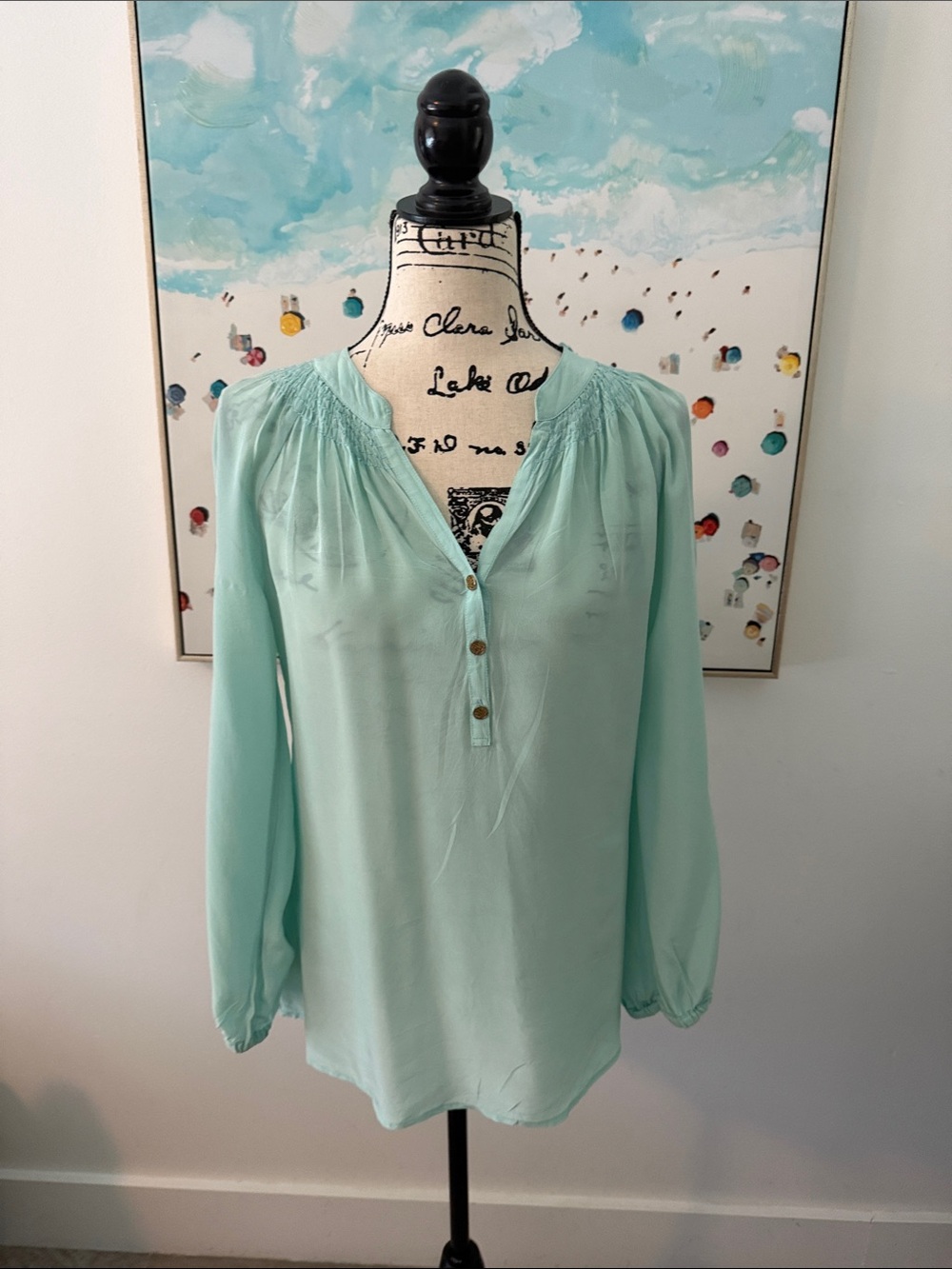 Lilly PullitzerLight Aqua Long-Sleeve V-Neck Henley Blouse